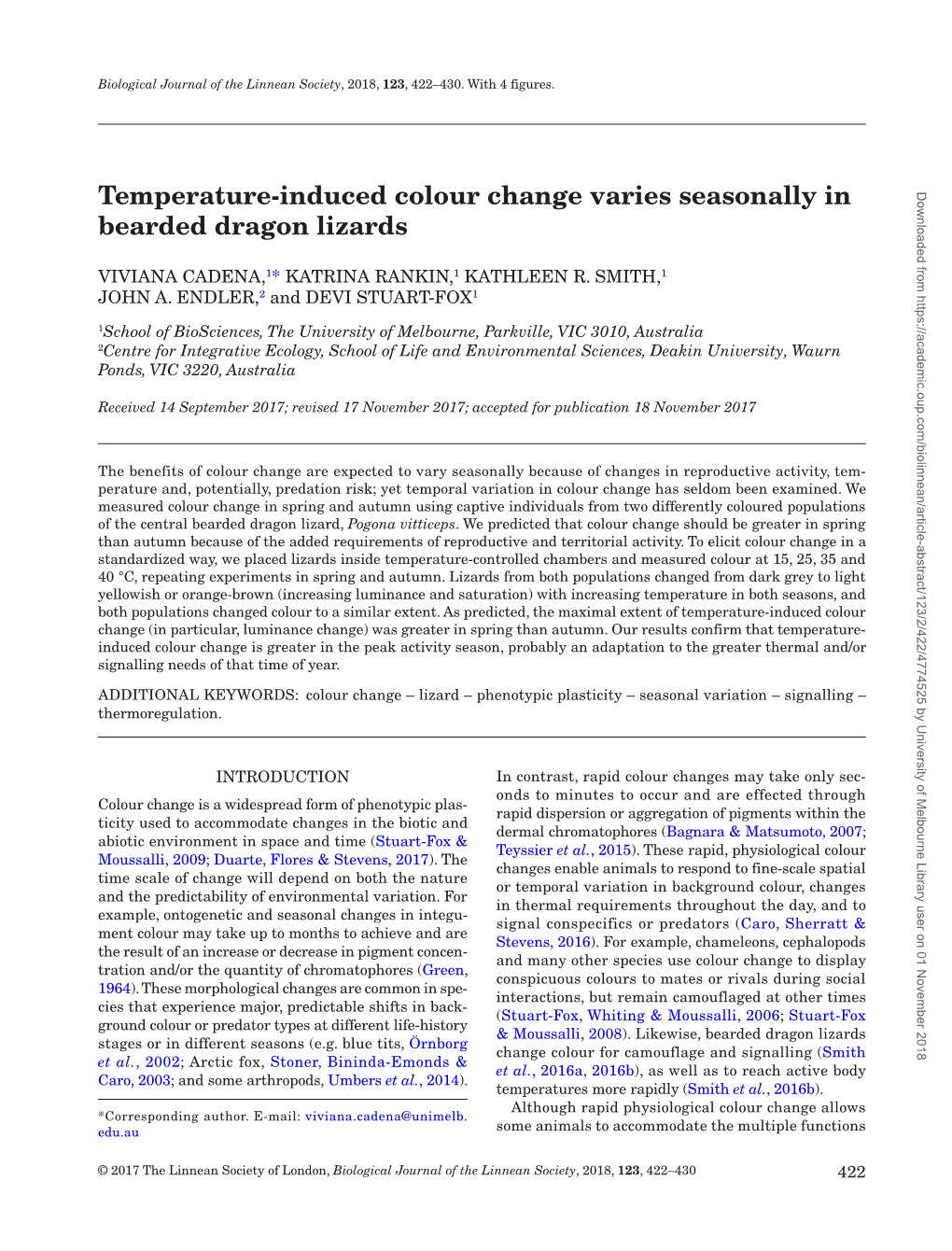 Temperature-Induced Colour Change Varies Seasonally in Bearded