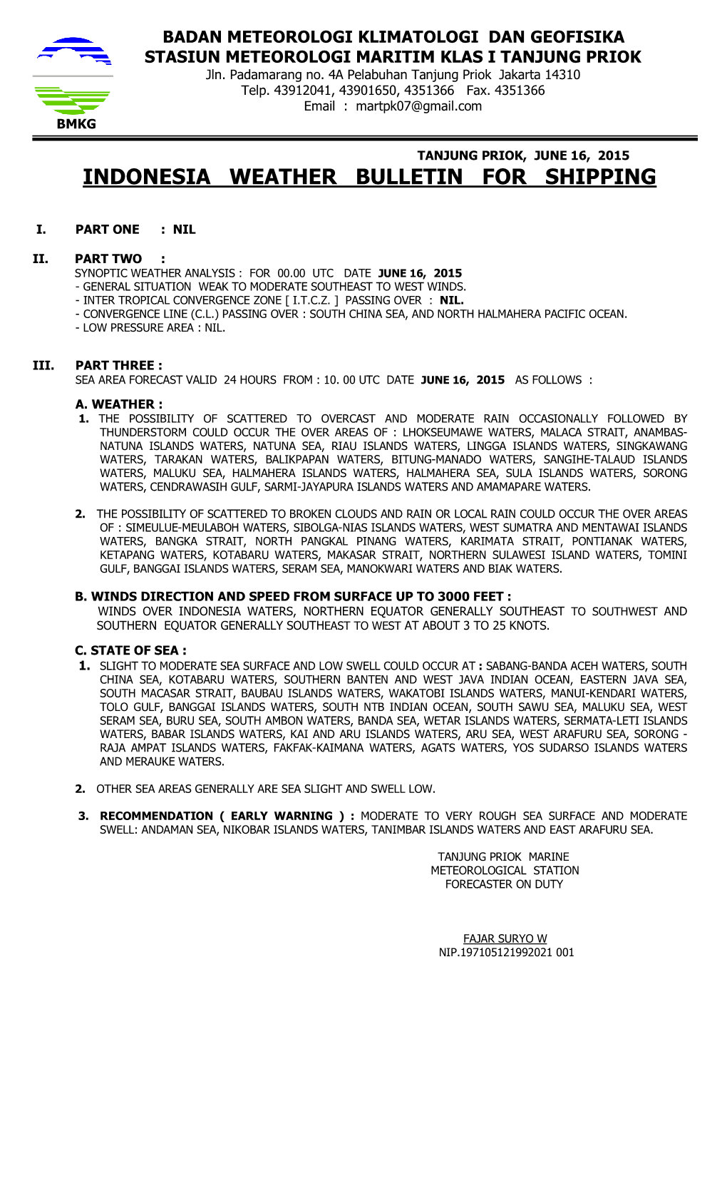 Indonesia Weather Bulletin for Shipping