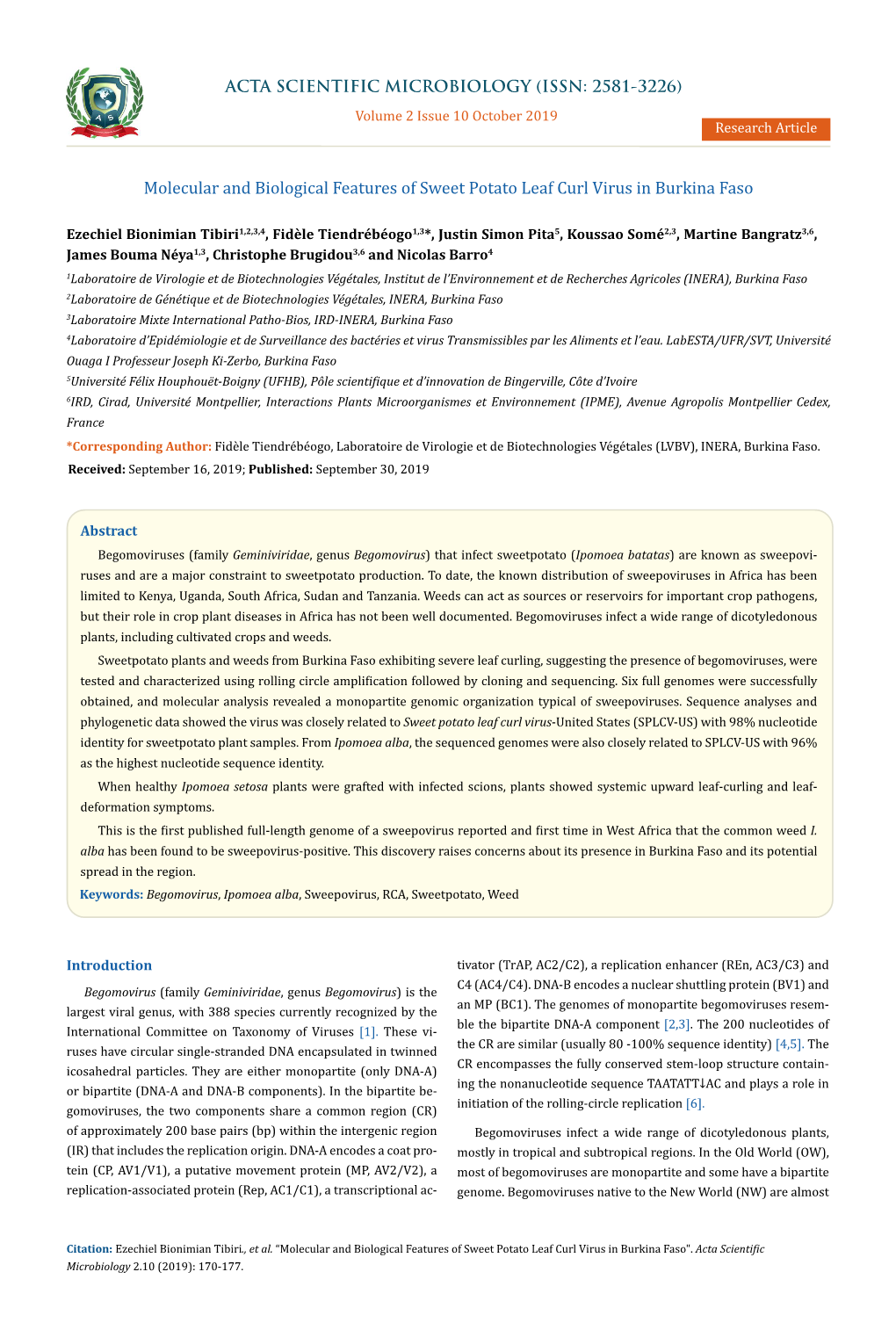 Molecular and Biological Features of Sweet Potato Leaf Curl Virus in Burkina Faso