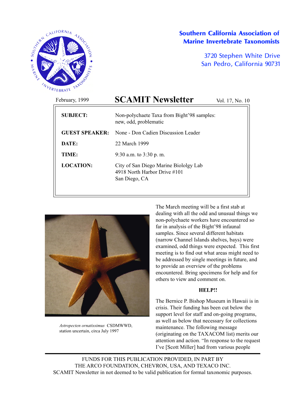 SCAMIT Newsletter Vol. 17 No. 10 1999 February