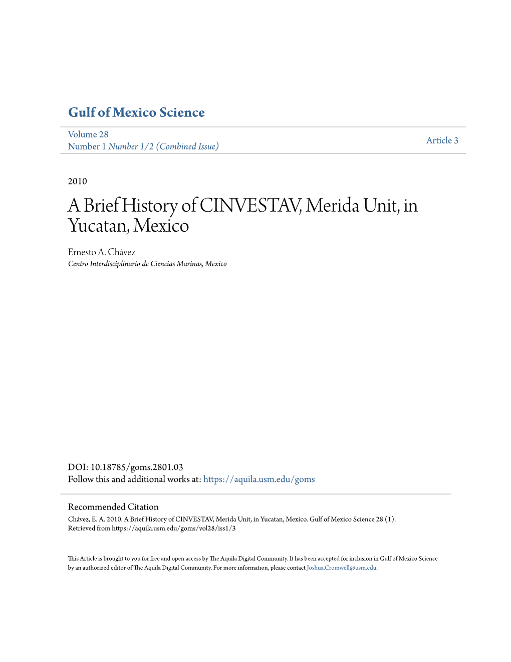 A Brief History of CINVESTAV, Merida Unit, in Yucatan, Mexico Ernesto A