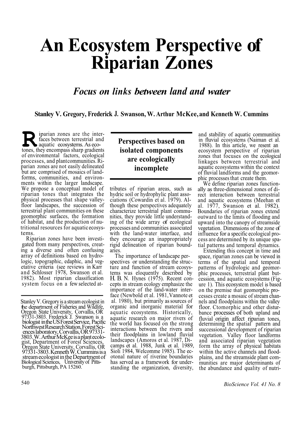 An Ecosystem Perspective of Riparian Zones