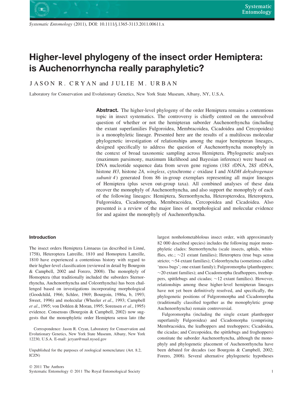 Higherlevel Phylogeny of the Insect Order Hemiptera