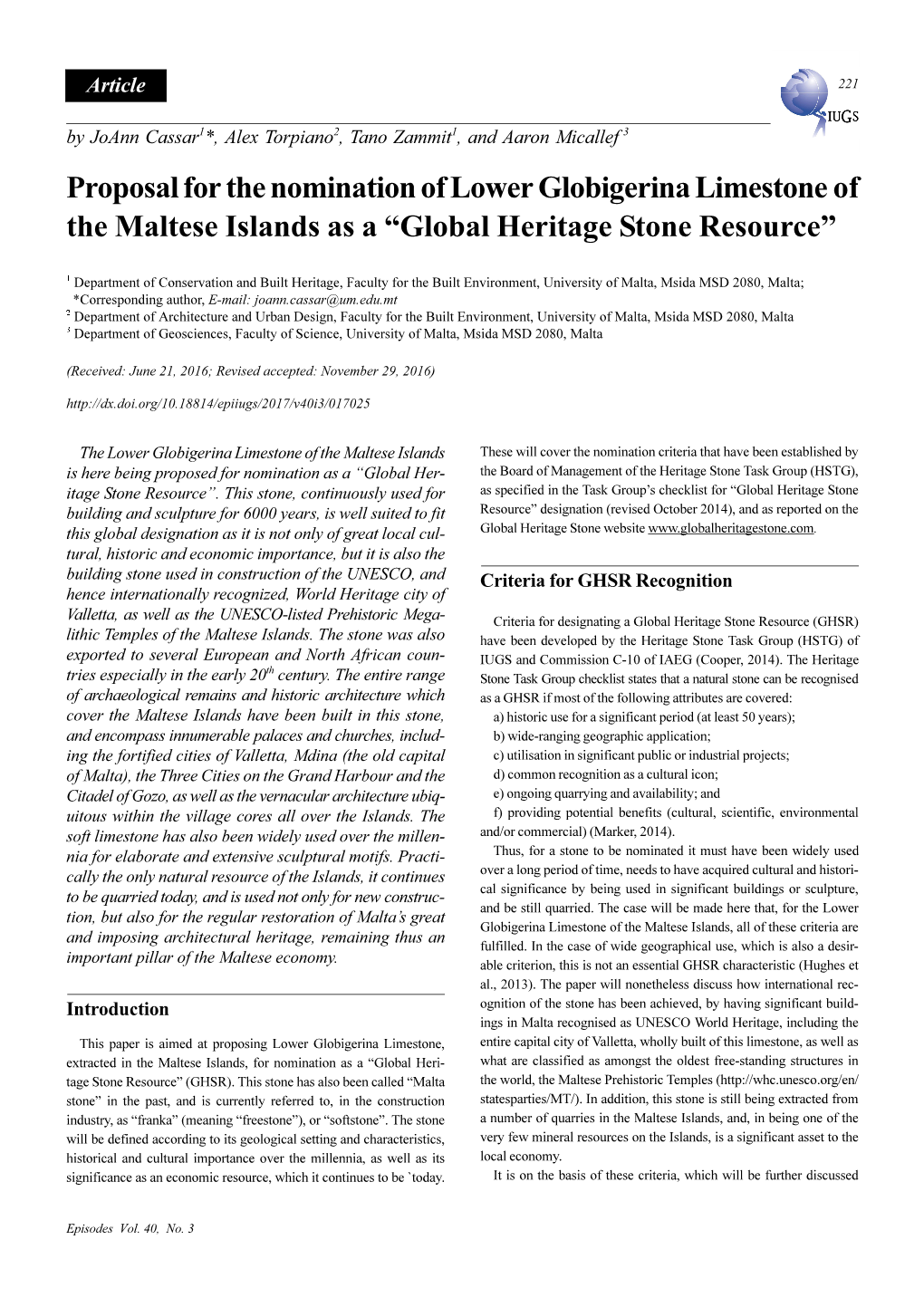 Proposal for the Nomination of Lower Globigerina Limestone of the Maltese Islands As a “Global Heritage Stone Resource”