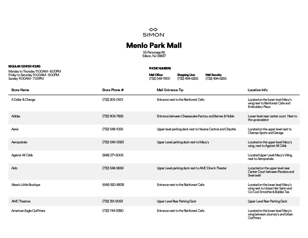 Menlo Park Mall 55 Parsonage Rd Edison, NJ 08837