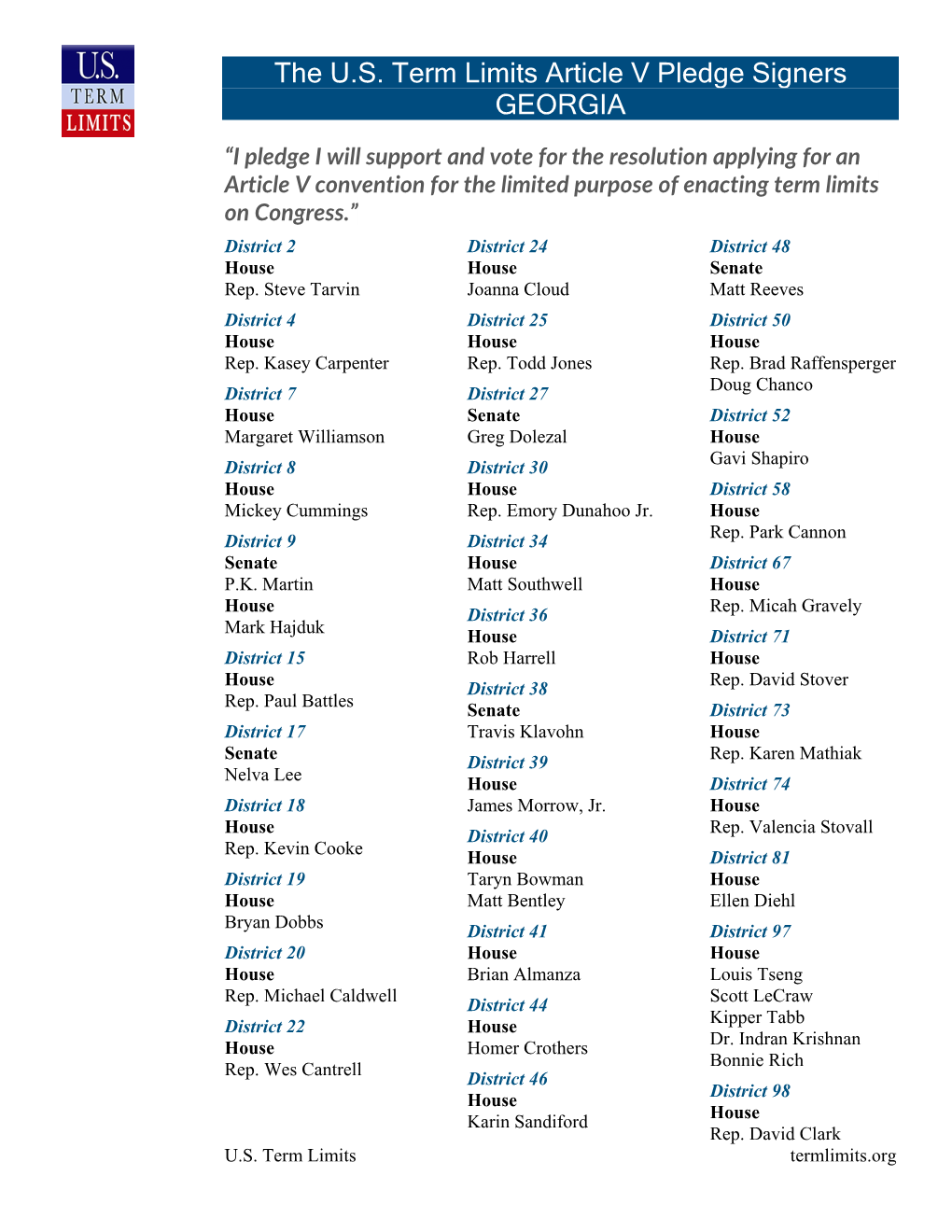 The U.S. Term Limits Article V Pledge Signers GEORGIA
