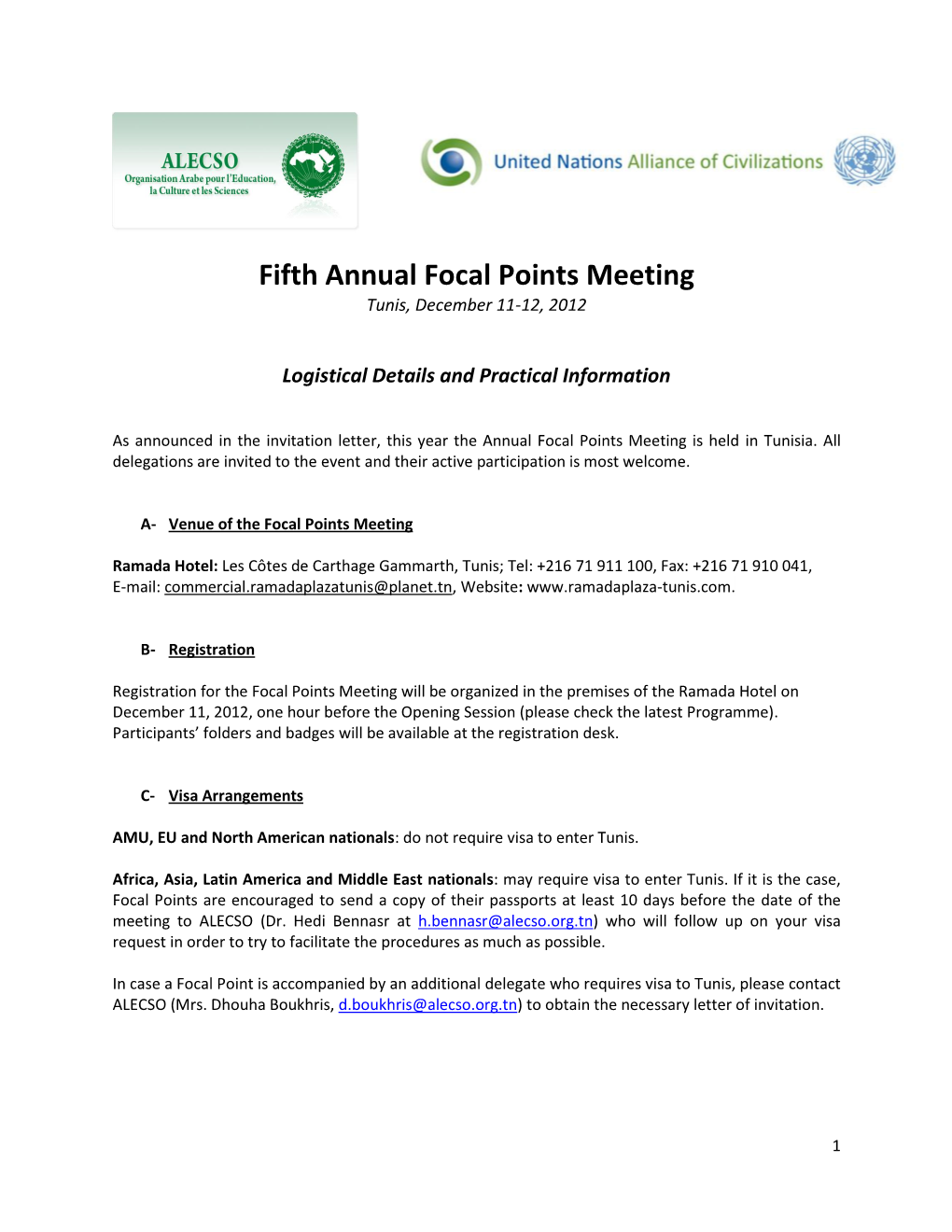 Focal Points Meeting Tunis, December 11-12, 2012