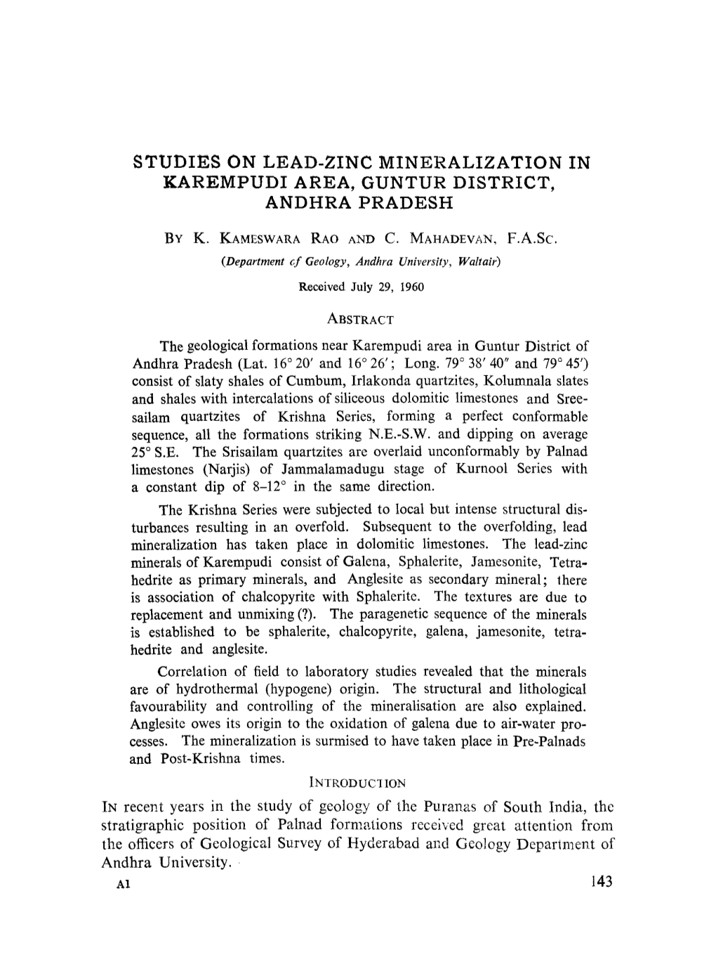 Studies on Lead-Zinc Mineralization in Karempudi Area, Guntur District, Andhra Pradesh