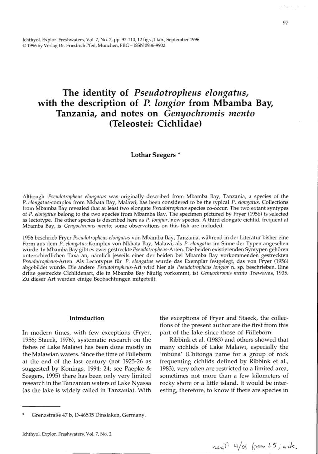 The Identity of Pseudotropheus Elongatus, with the Description of P. Longior from Mbamba Bay, Tanzania, and Notes on Genyochromis Mento (Teleostei: Cichlidae)