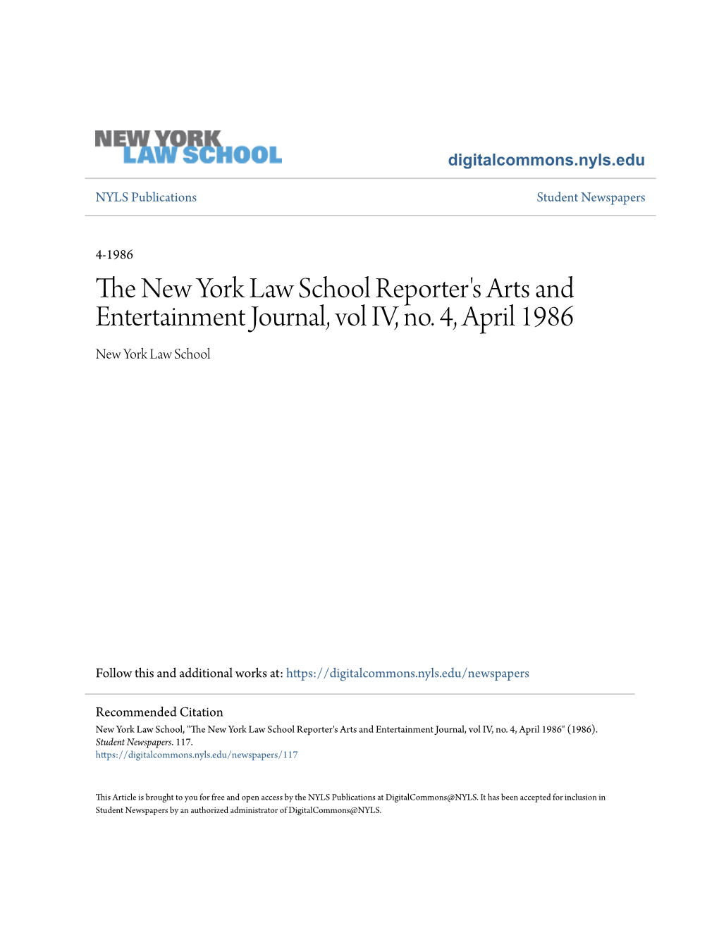 The New York Law School Reporter's Arts and Entertainment Journal, Vol