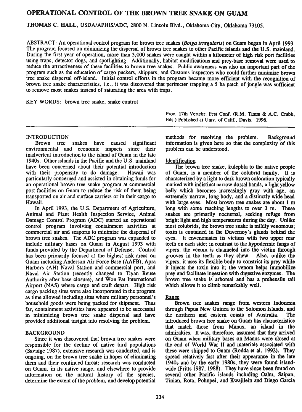 Operational Control of the Brown Tree Snake on Guam