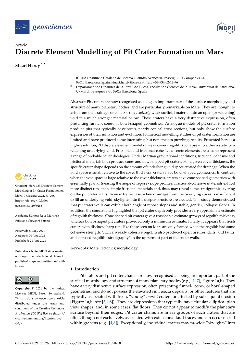 Discrete Element Modelling of Pit Crater Formation on Mars