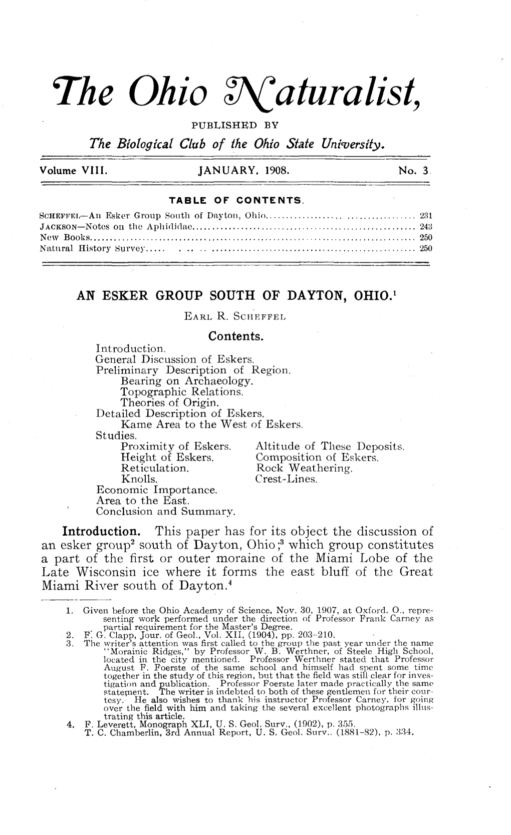 An Esker Group South of Dayton, Ohio 231 JACKSON—Notes on the Aphididae 243 New Books 250 Natural History Survey 250