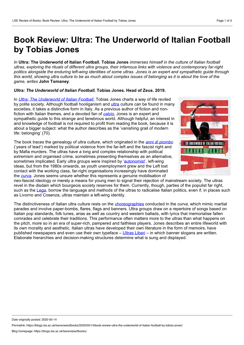 LSE Review of Books: Book Review: Ultra: the Underworld of Italian Football by Tobias Jones Page 1 of 3