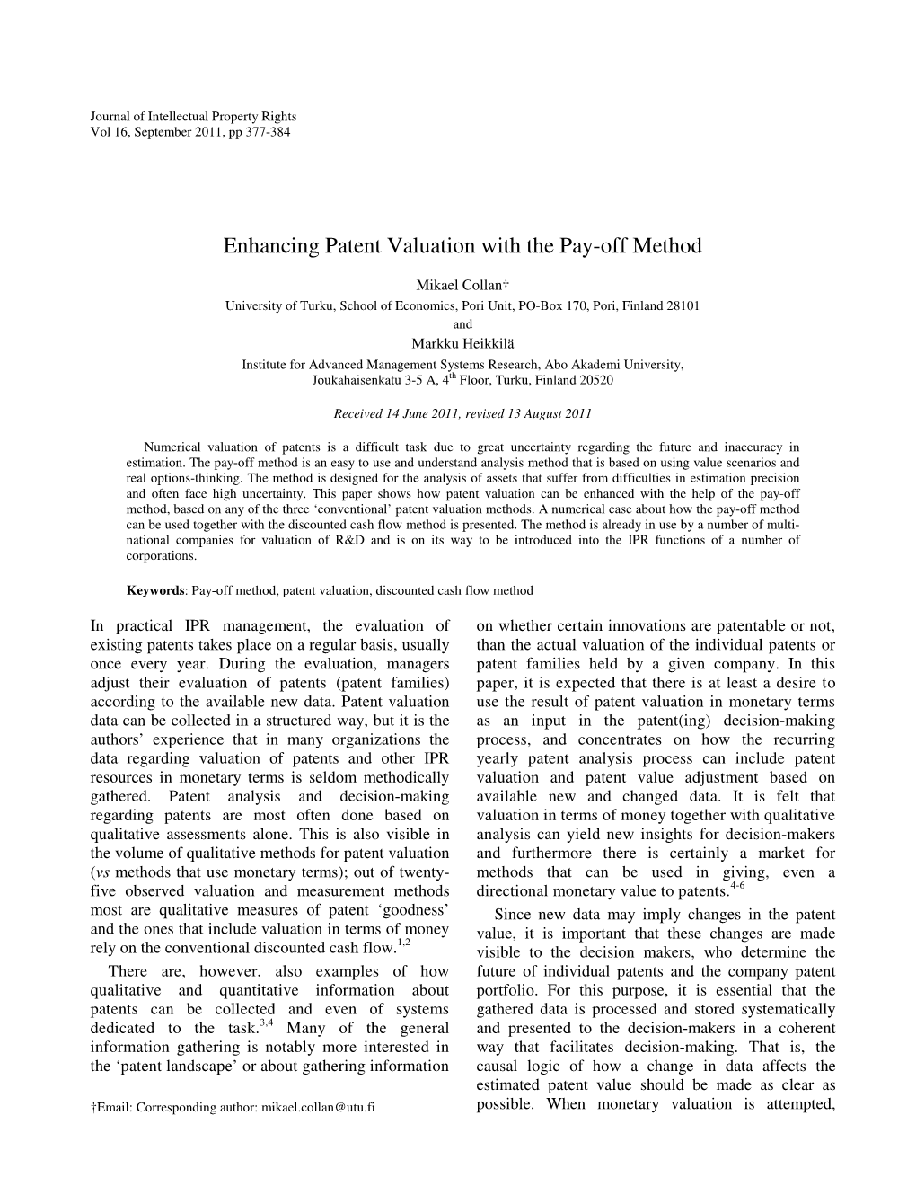 Enhancing Patent Valuation with the Pay-Off Method