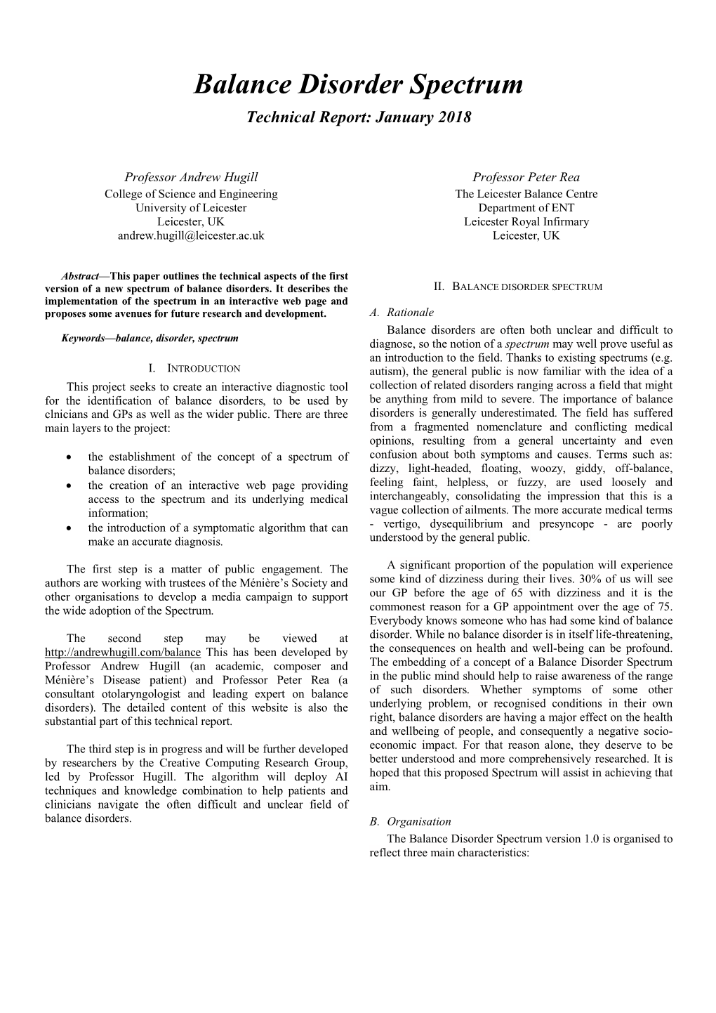 Balance Disorder Spectrum Technical Report: January 2018