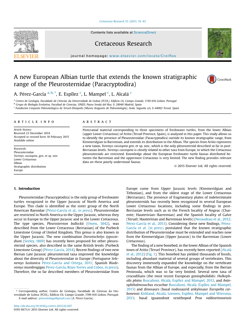 A New European Albian Turtle That Extends the Known Stratigraphic Range of the Pleurosternidae (Paracryptodira)