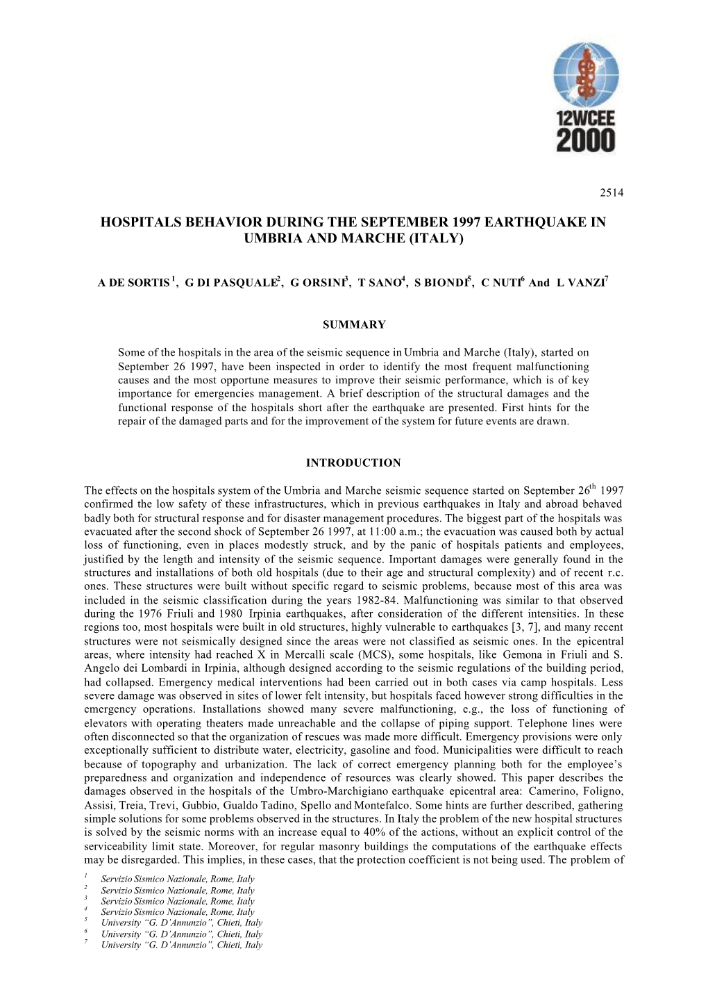 Hospitals Behavior During the September 1997 Earthquake in Umbria and Marche (Italy)