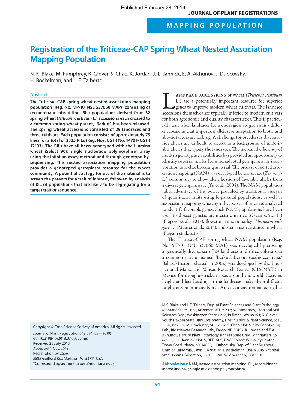 Registration of the Triticeae-CAP Spring Wheat Nested Association Mapping Population