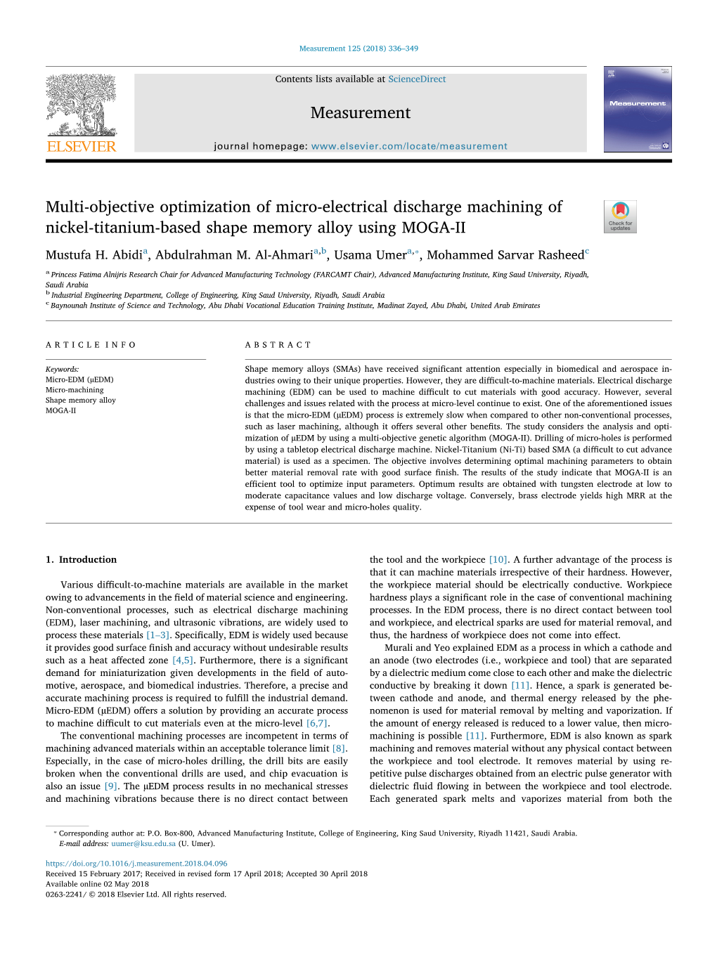 Multi-Objective Optimization of Micro-Electrical Discharge Machining of T Nickel-Titanium-Based Shape Memory Alloy Using MOGA-II ⁎ Mustufa H