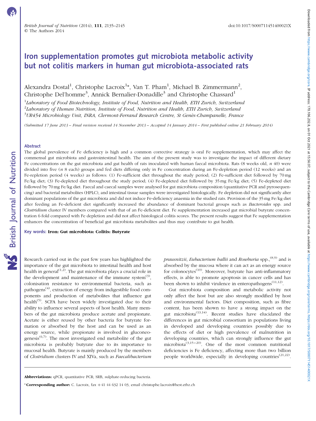 British Journal of Nutrition (2014), 111, 2135–2145 Doi:10.1017/S000711451400021X Q the Authors 2014