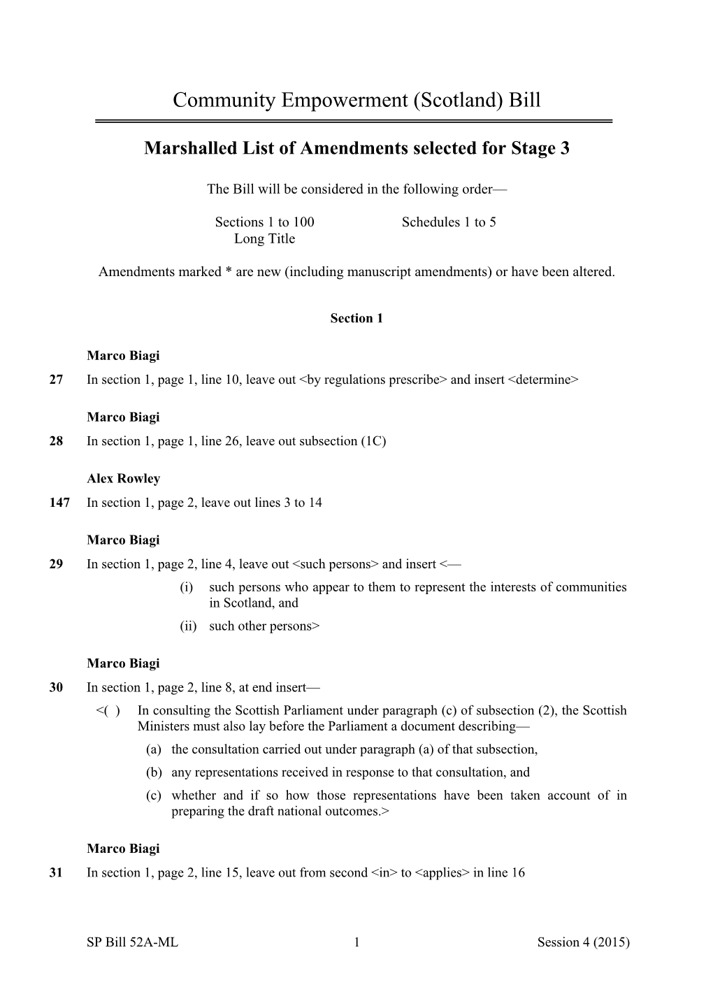 Marshalled List of Amendments Selected for Stage 3