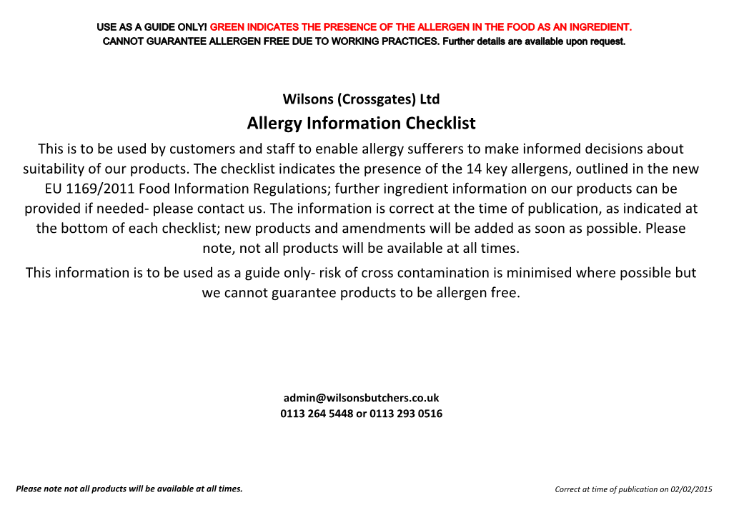 Allergy Information Checklist This Is to Be Used by Customers and Staff to Enable Allergy Sufferers to Make Informed Decisions About Suitability of Our Products