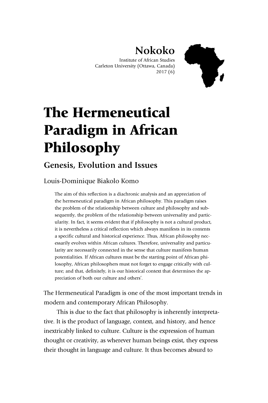 The Hermeneutical Paradigm in African Philosophy Genesis, Evolution and Issues