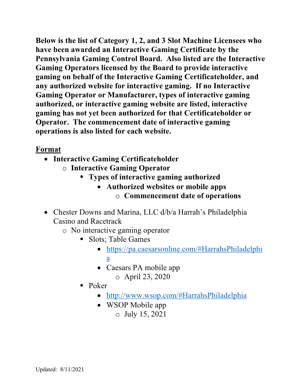 Below Is the List of Category 1, 2, and 3 Slot Machine Licensees Who Have Been Awarded an Interactive Gaming Certificate by the Pennsylvania Gaming Control Board