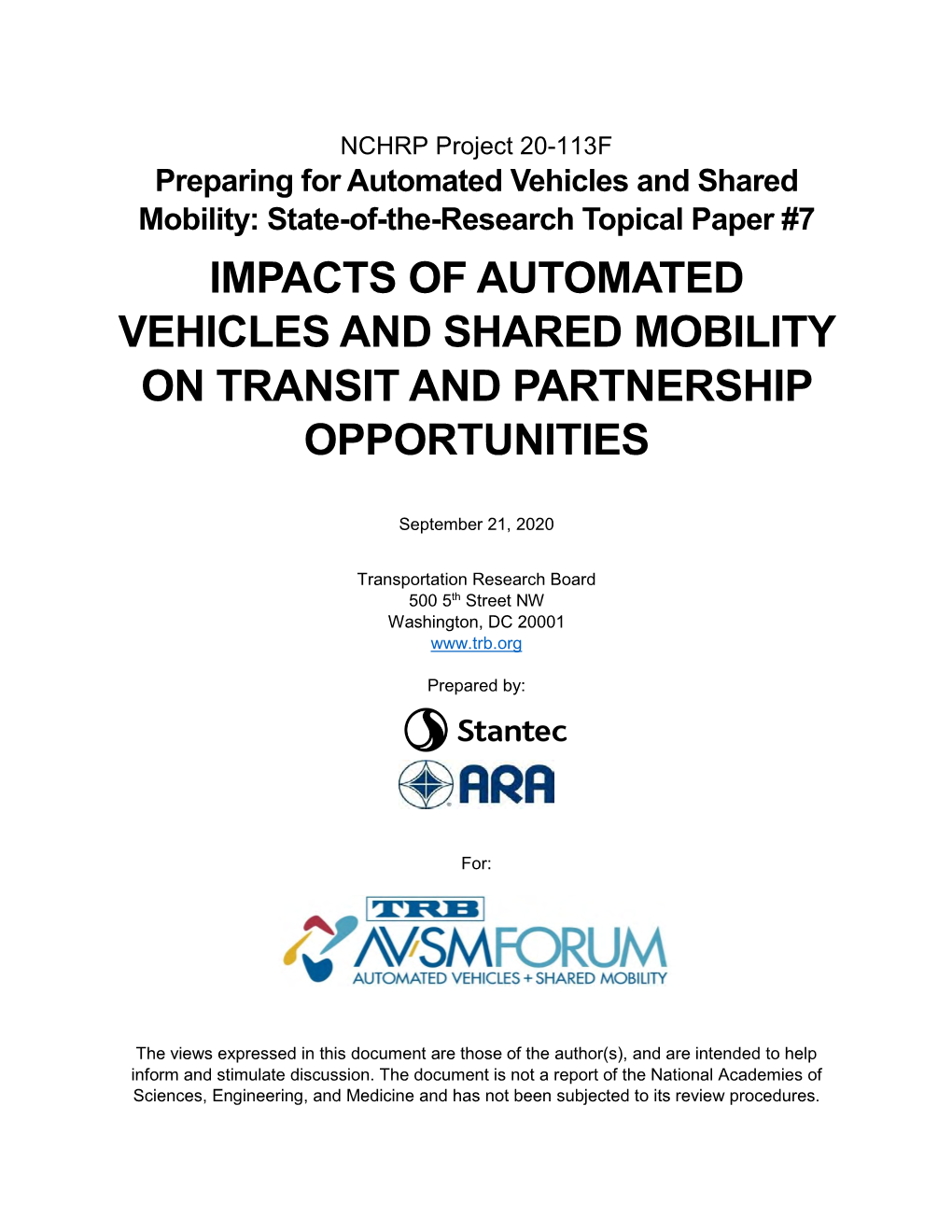 Impacts of Automated Vehicles and Shared Mobility on Transit and Partnership Opportunities