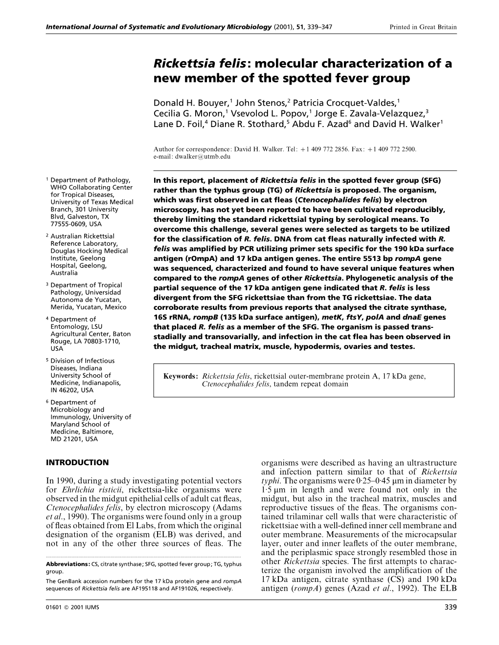 Rickettsia Felis: Molecular Characterization of a New Member of the Spotted Fever Group