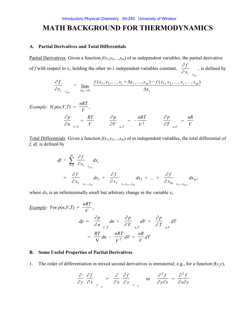 Math Background for Thermodynamics ∑