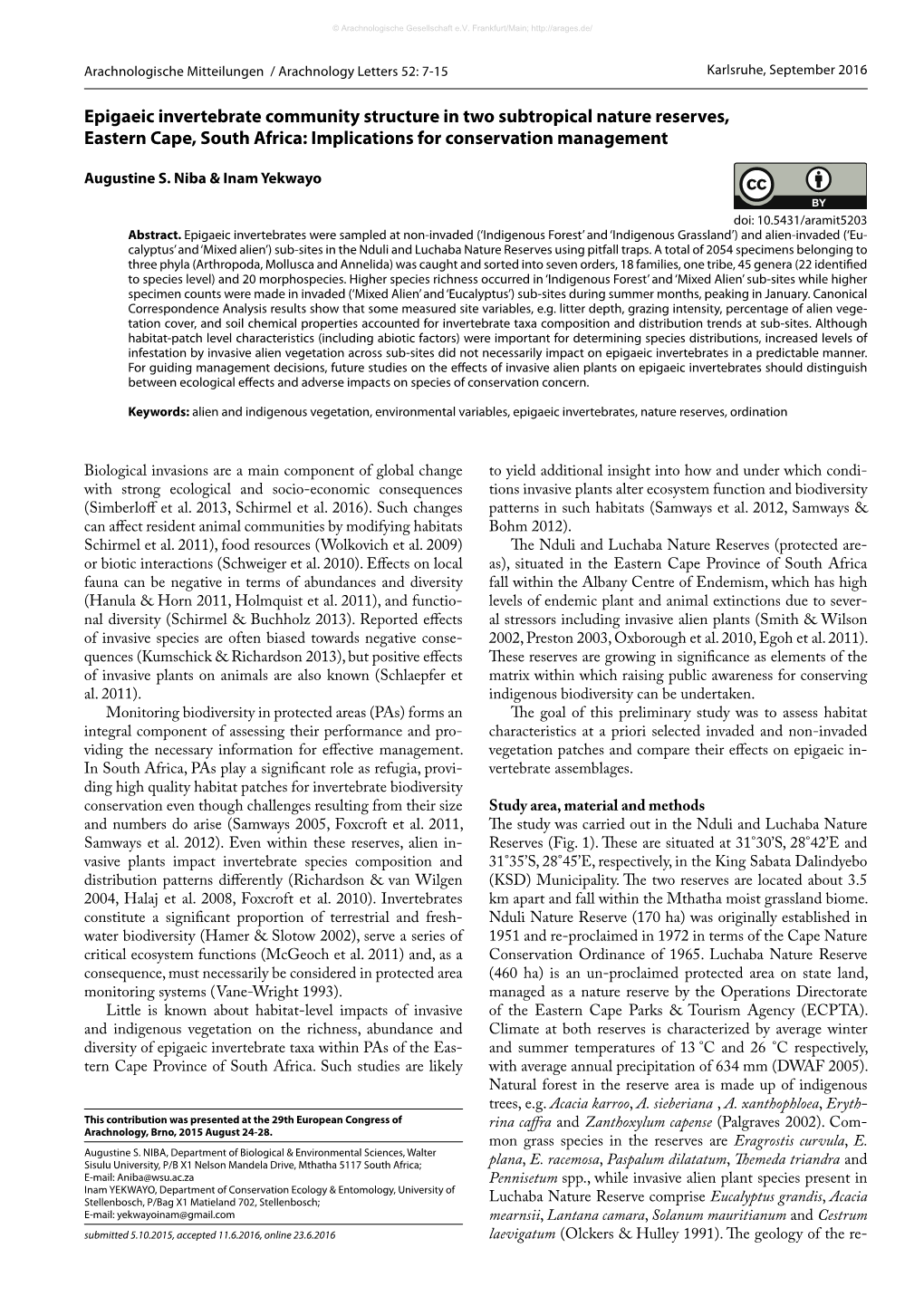 Epigaeic Invertebrate Community Structure in Two Subtropical Nature Reserves, Eastern Cape, South Africa: Implications for Conservation Management