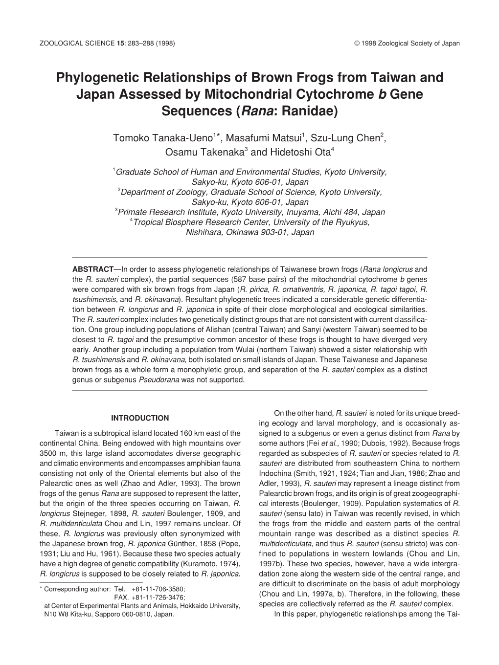 Phylogenetic Relationships of Brown Frogs from Taiwan and Japan Assessed by Mitochondrial Cytochrome B Gene Sequences (Rana: Ranidae)