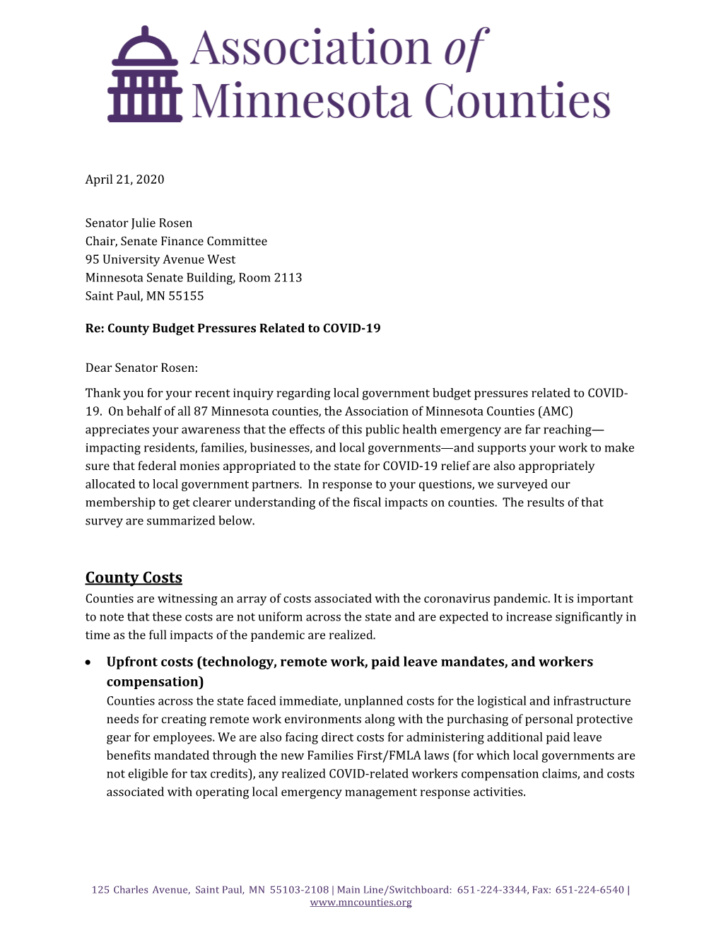 County Costs Counties Are Witnessing an Array of Costs Associated with the Coronavirus Pandemic