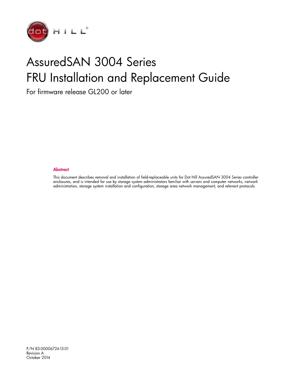 Assuredsan 3004 Series FRU Installation and Replacement Guide for Firmware Release GL200 Or Later