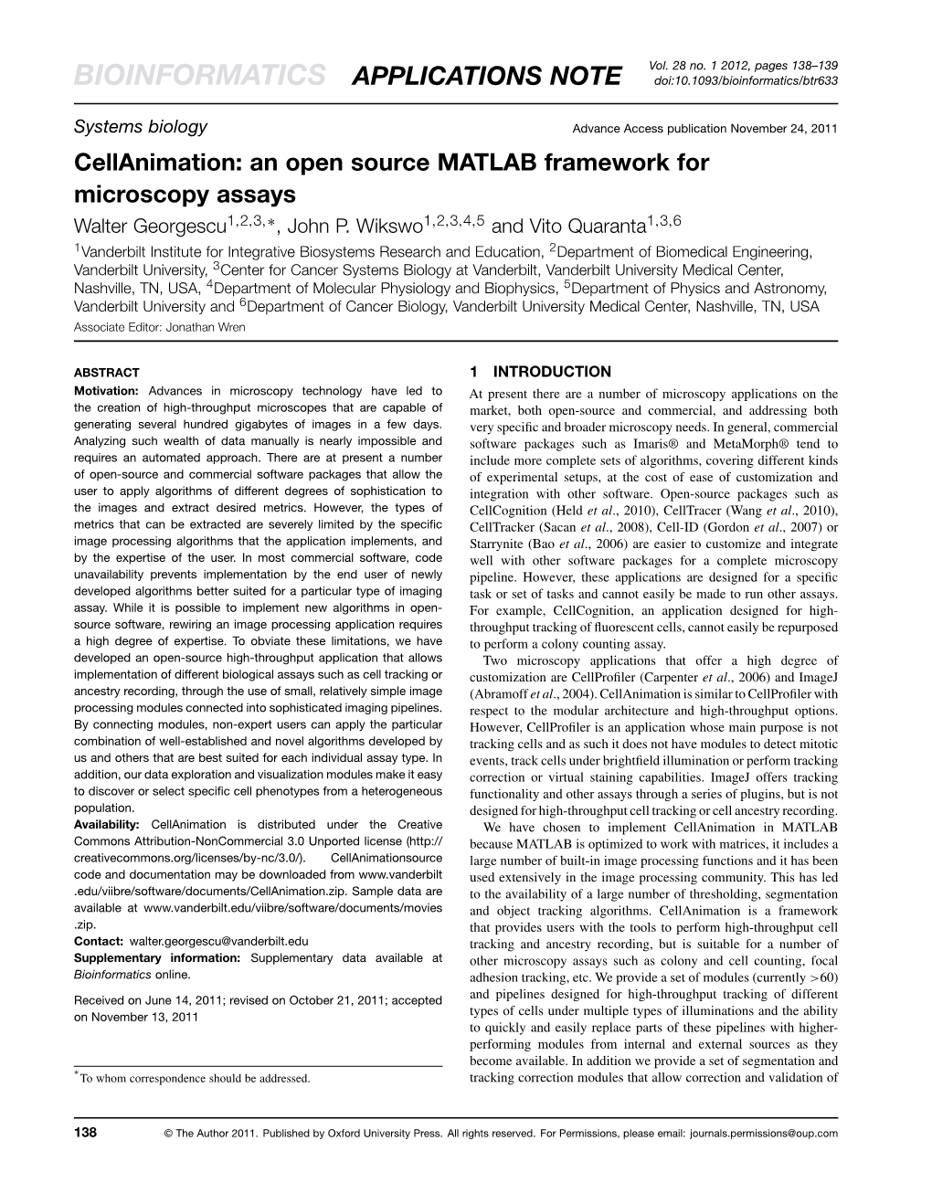 Cellanimation: an Open Source MATLAB Framework for Microscopy Assays Walter Georgescu1,2,3,∗, John P