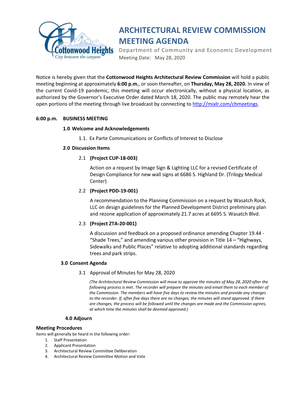 ARCHITECTURAL REVIEW COMMISSION MEETING AGENDA Department of Community and Economic Development Meeting Date: May 28, 2020