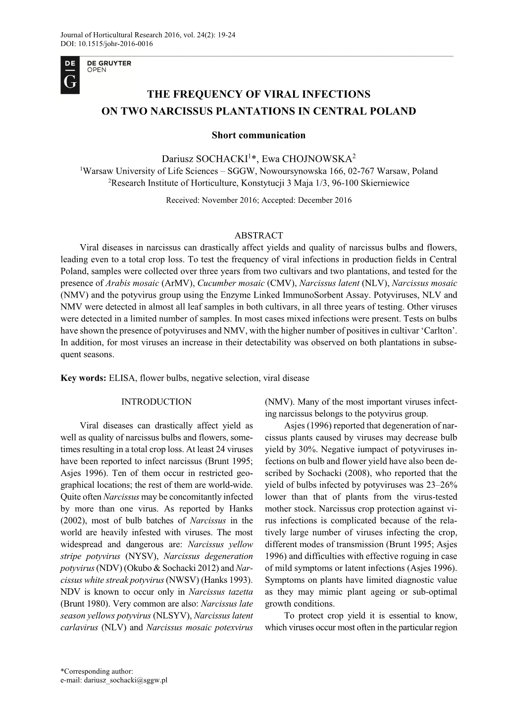 The Occurrence of the Viruses in Narcissus L