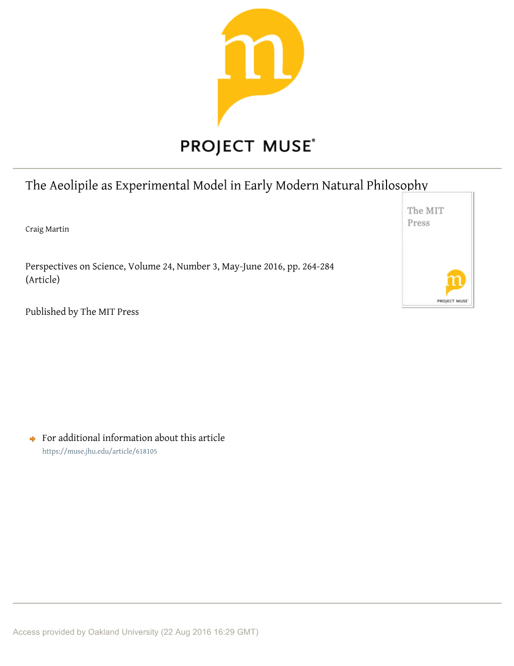 The Aeolipile As Experimental Model in Early Modern Natural Philosophy