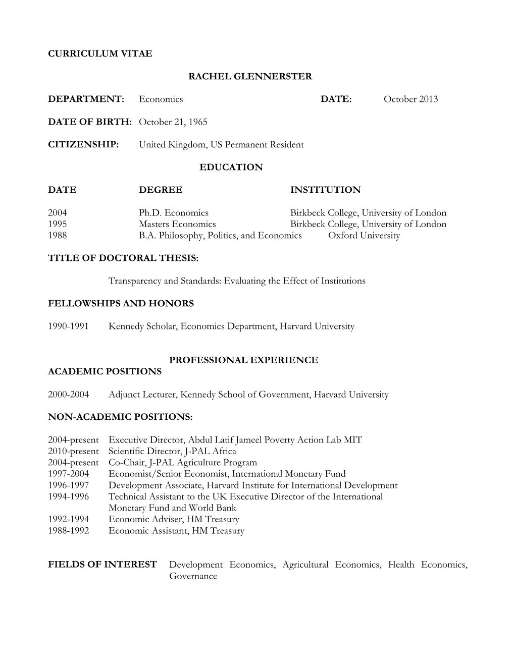 Glennerster Academic CV October 2013