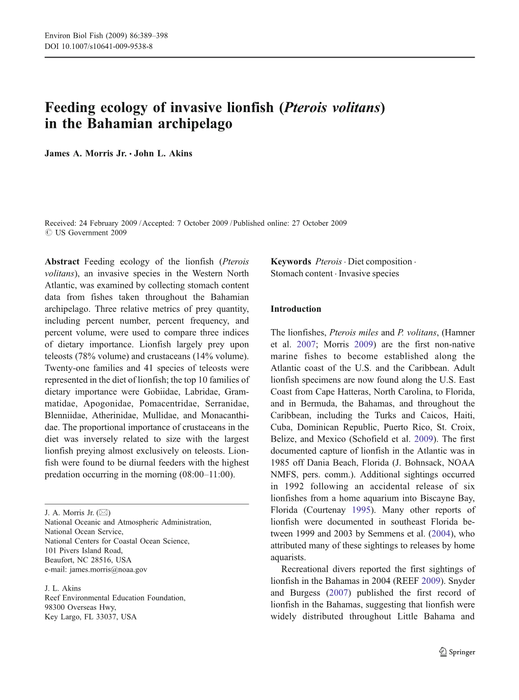 Feeding Ecology of Invasive Lionfish (Pterois Volitans) in the Bahamian Archipelago