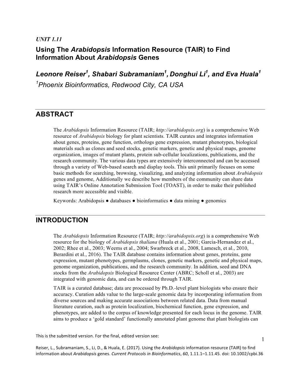 To Find Information About Arabidopsis Genes Leonore Reiser1, Shabari