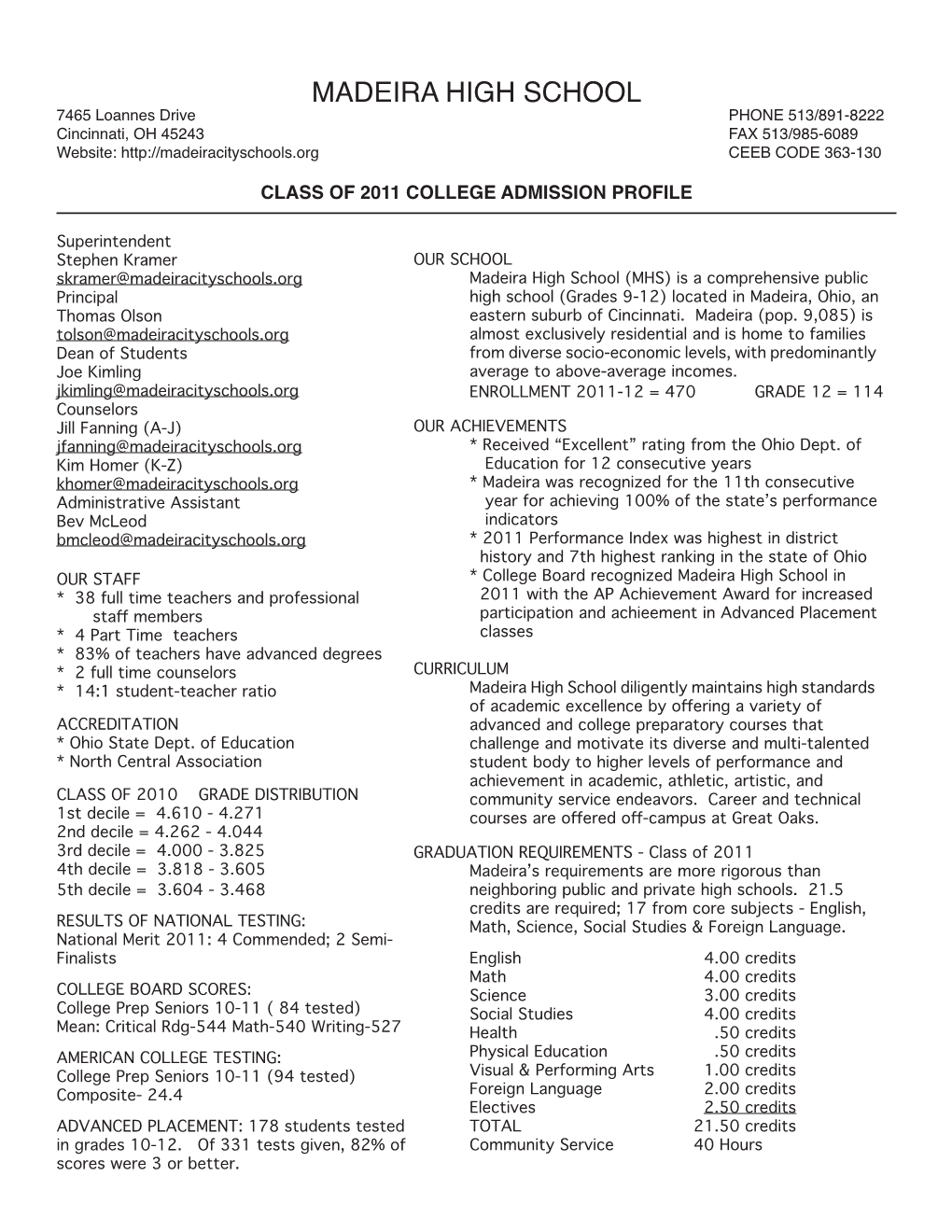 MADEIRA HIGH SCHOOL 7465 Loannes Drive PHONE 513/891-8222 Cincinnati, OH 45243 FAX 513/985-6089 Website: CEEB CODE 363-130