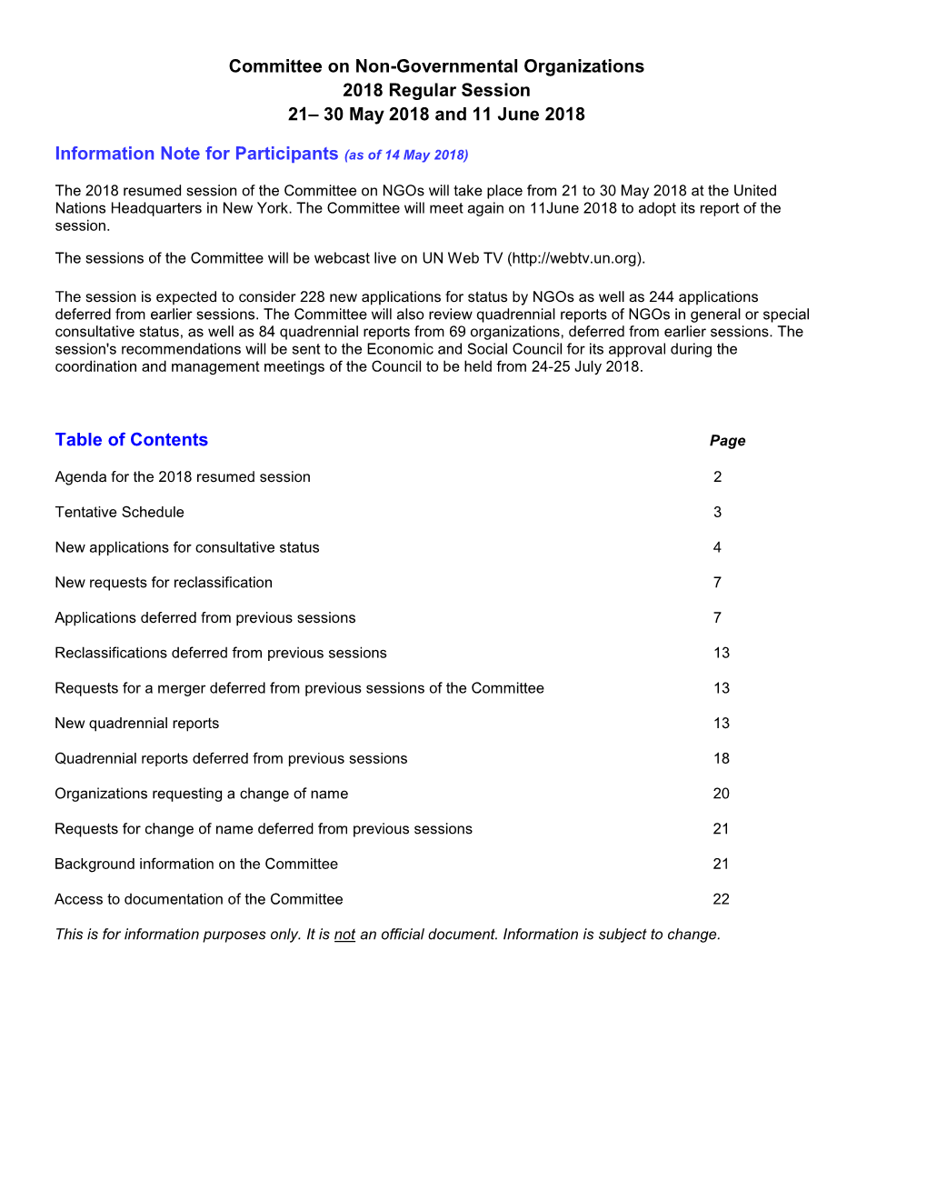 Committee on Non-Governmental Organizations 2018 Regular Session 21– 30 May 2018 and 11 June 2018