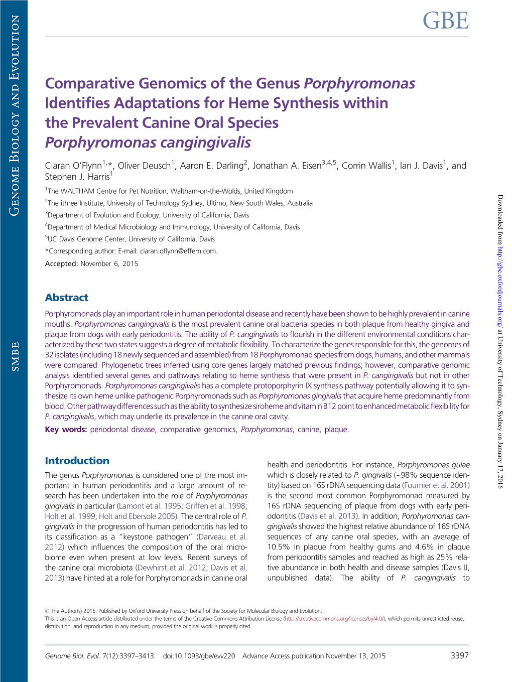 Comparative Genomics of the Genus Porphyromonas Identifies Adaptations for Heme Synthesis Within the Prevalent Canine Oral Species Porphyromonas Cangingivalis