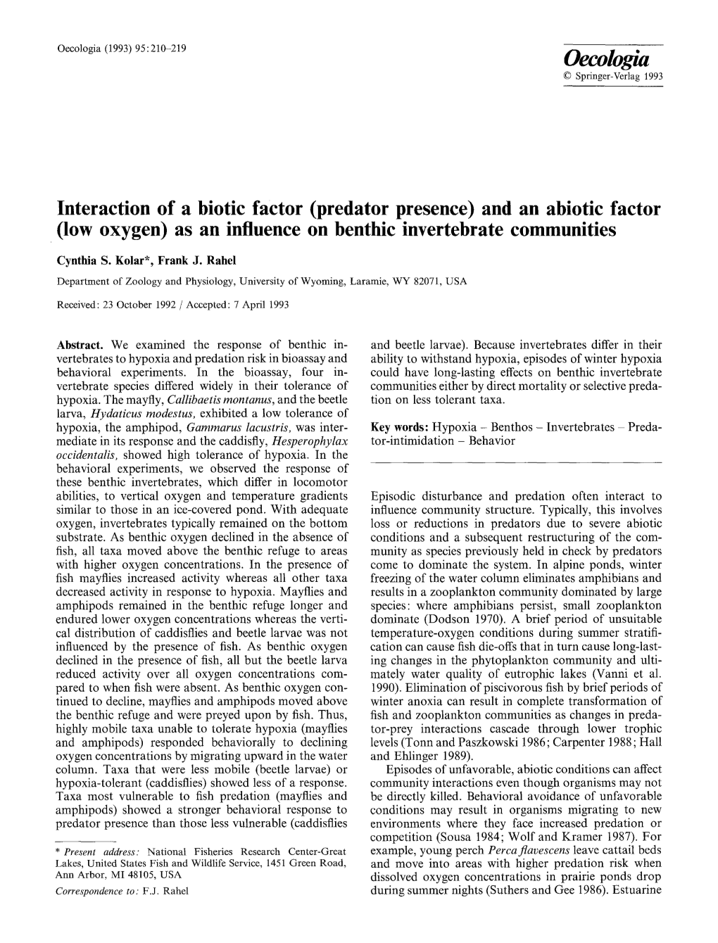 And an Abiotic Factor (Low Oxygen) As an Influence on Benthic Invertebrate Communities