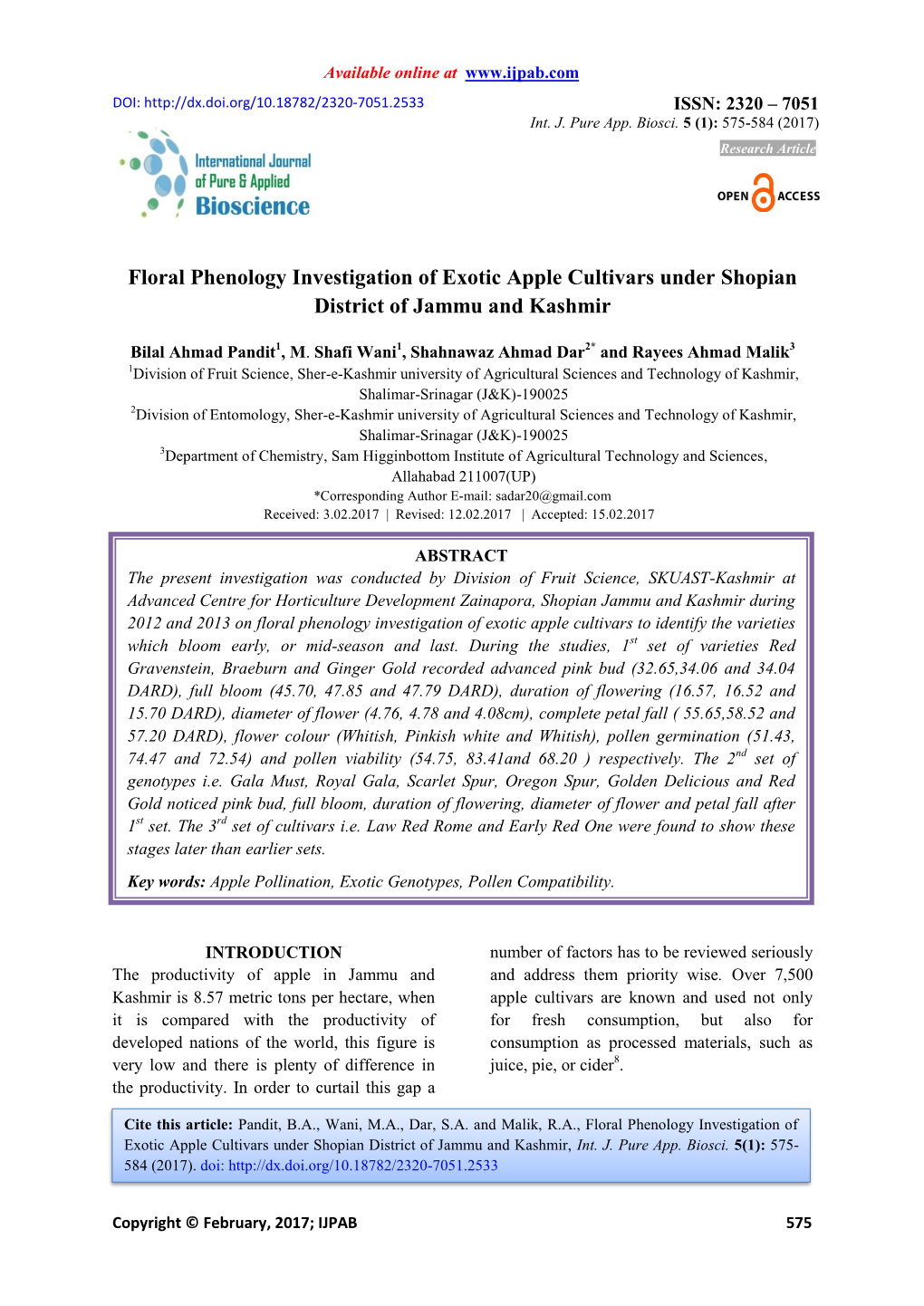 Floral Phenology Investigation of Exotic Apple Cultivars Under Shopian District of Jammu and Kashmir