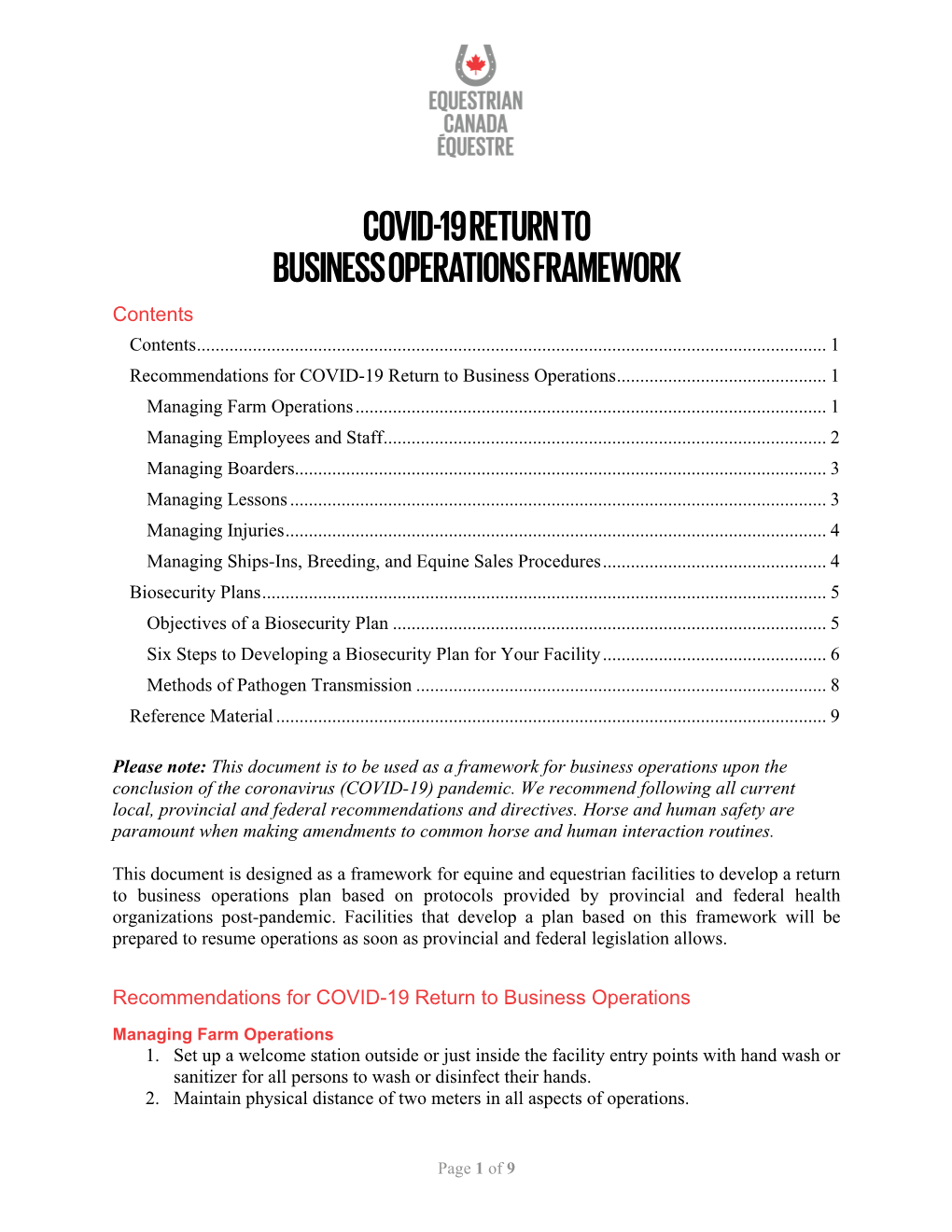 Covid-19 Return to Business Operations Framework