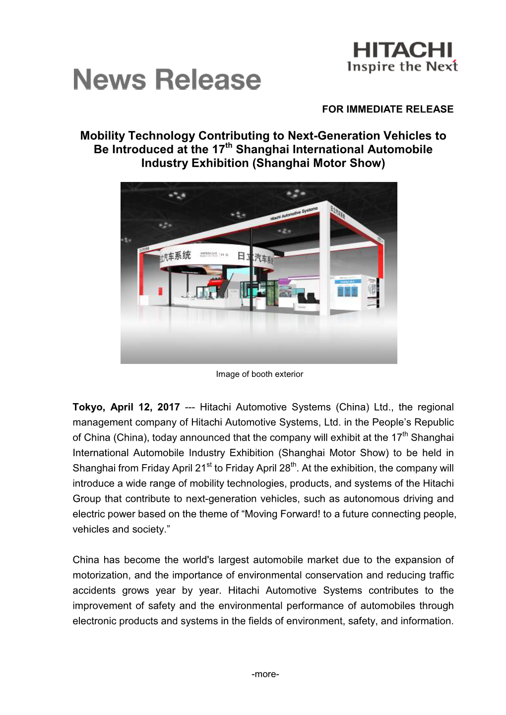 Mobility Technology Contributing to Next-Generation Vehicles to Be Introduced at the 17Th Shanghai International Automobile Industry Exhibition (Shanghai Motor Show)